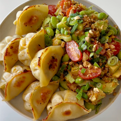 Crispy Rice and Potsticker Dumpling Salad