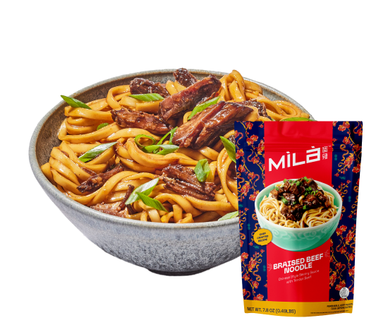 Front view of MìLà Braised Beef Noodle package with bowl of braised beef noodles, beef slices, and scallions