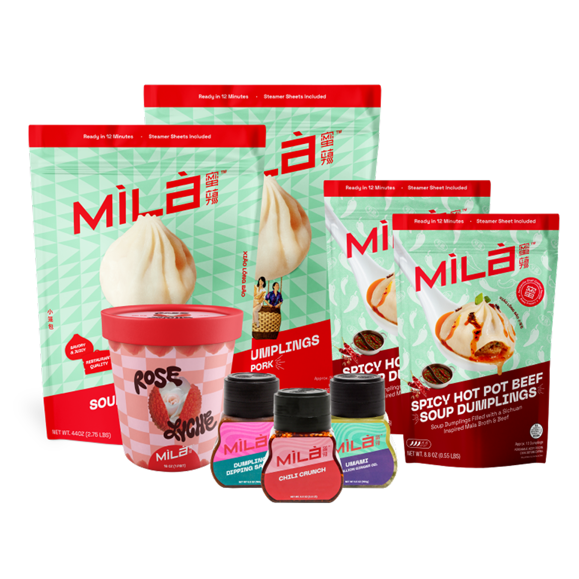 Front view of MìLà Holiday VIP Bundle showing packaged soup dumplings, three dipping sauces, and a pint of Rose Lychee ice cream on white background