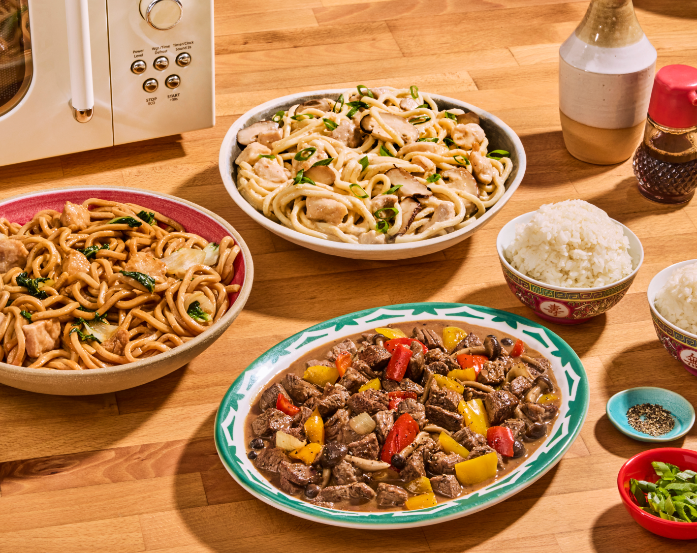 Family size meals served on a table