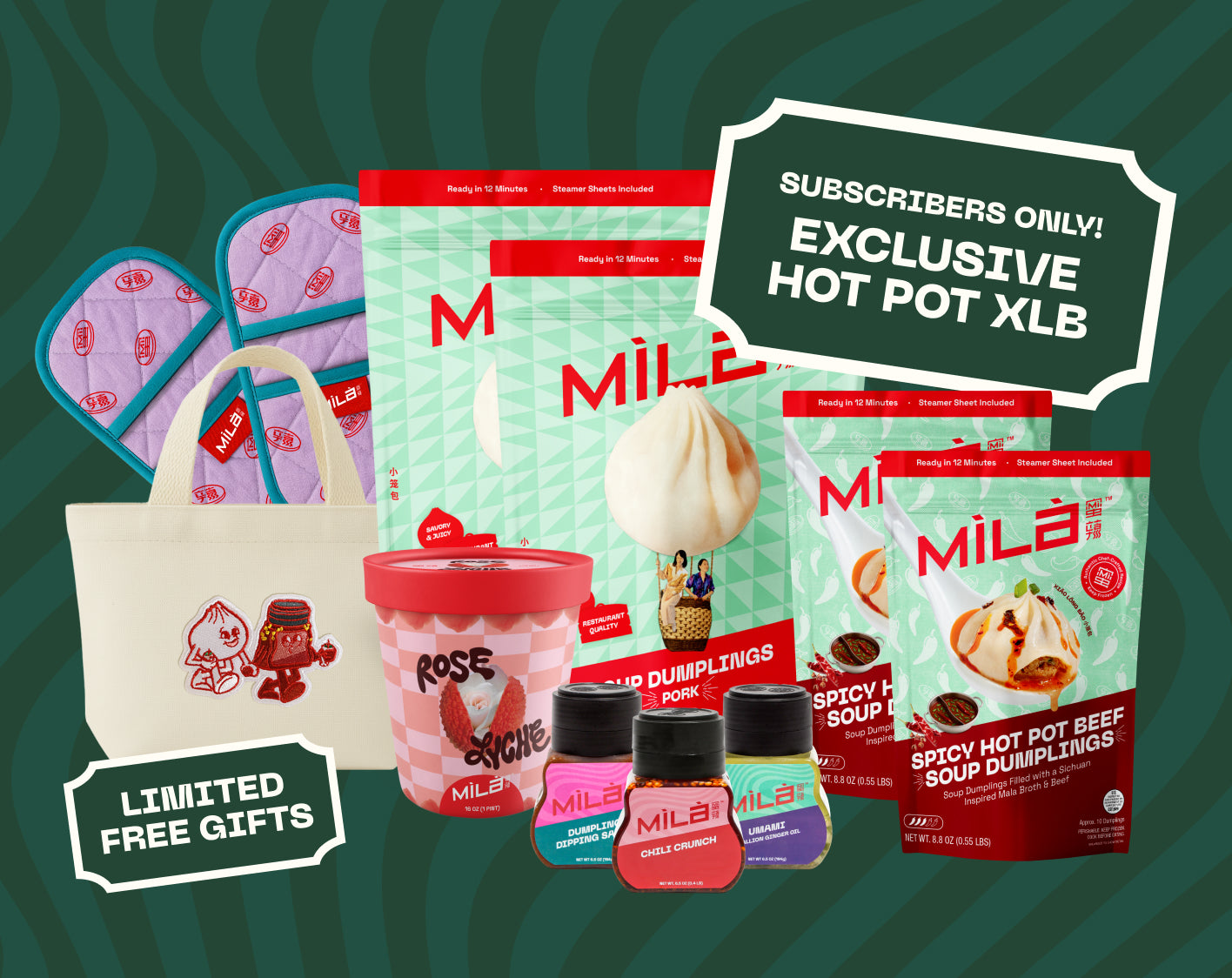 Promotional banner showing subscribers-only Hot Pot XLB bundle with Mila dumplings and limited free gifts tote, mitts, sauces