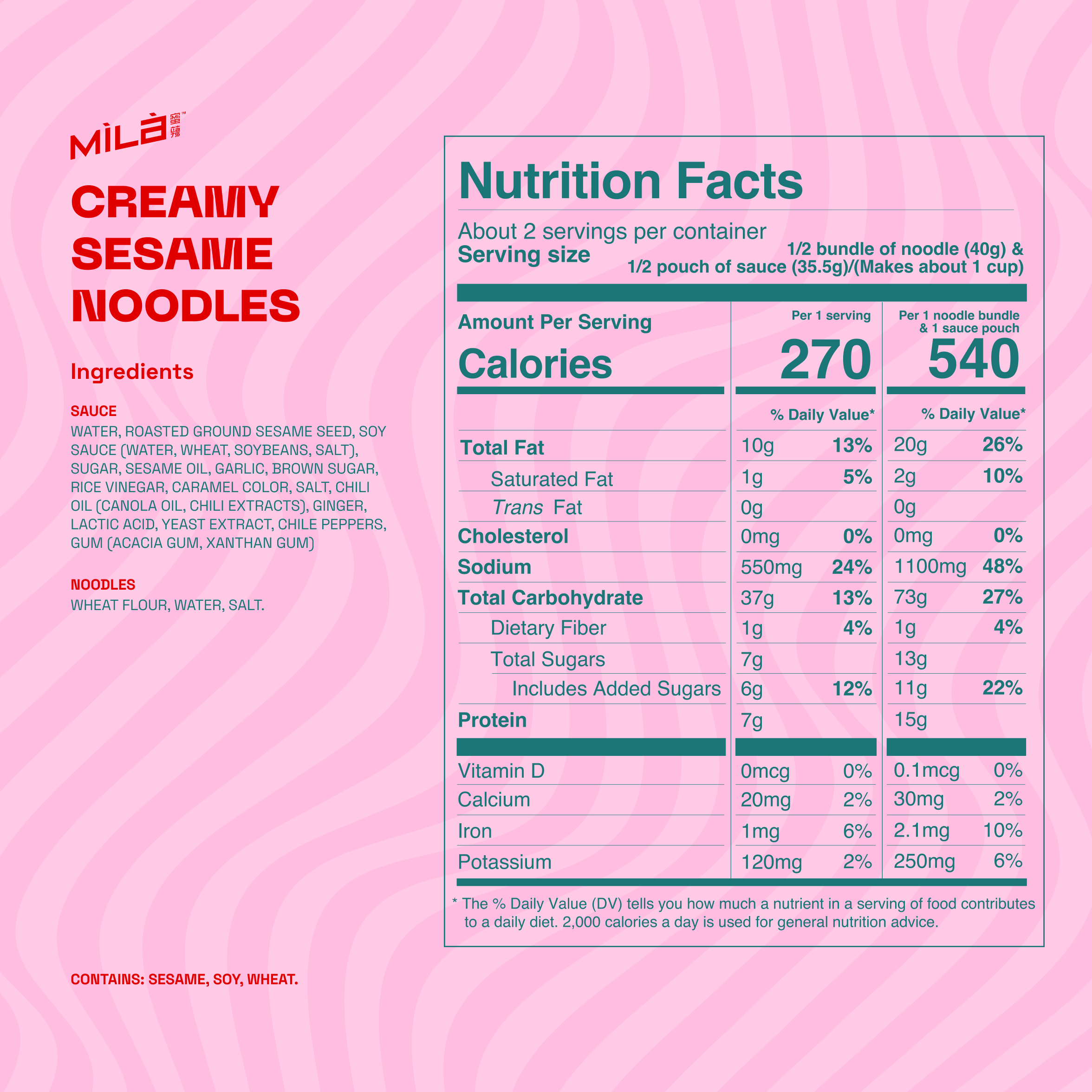 Nutrition facts panel showing Creamy Sesame Noodles with 270 calories per serving, 540 calories per bundle, and listing allergens sesame, soy, wheat