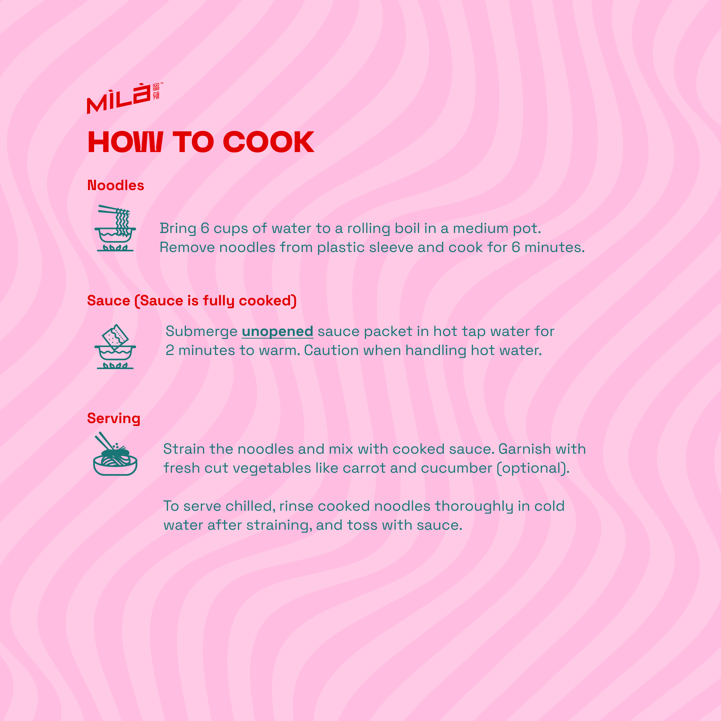 Instruction graphic HOW TO COOK showing noodle steps: boil 6 minutes, warm sauce packet, serving tips