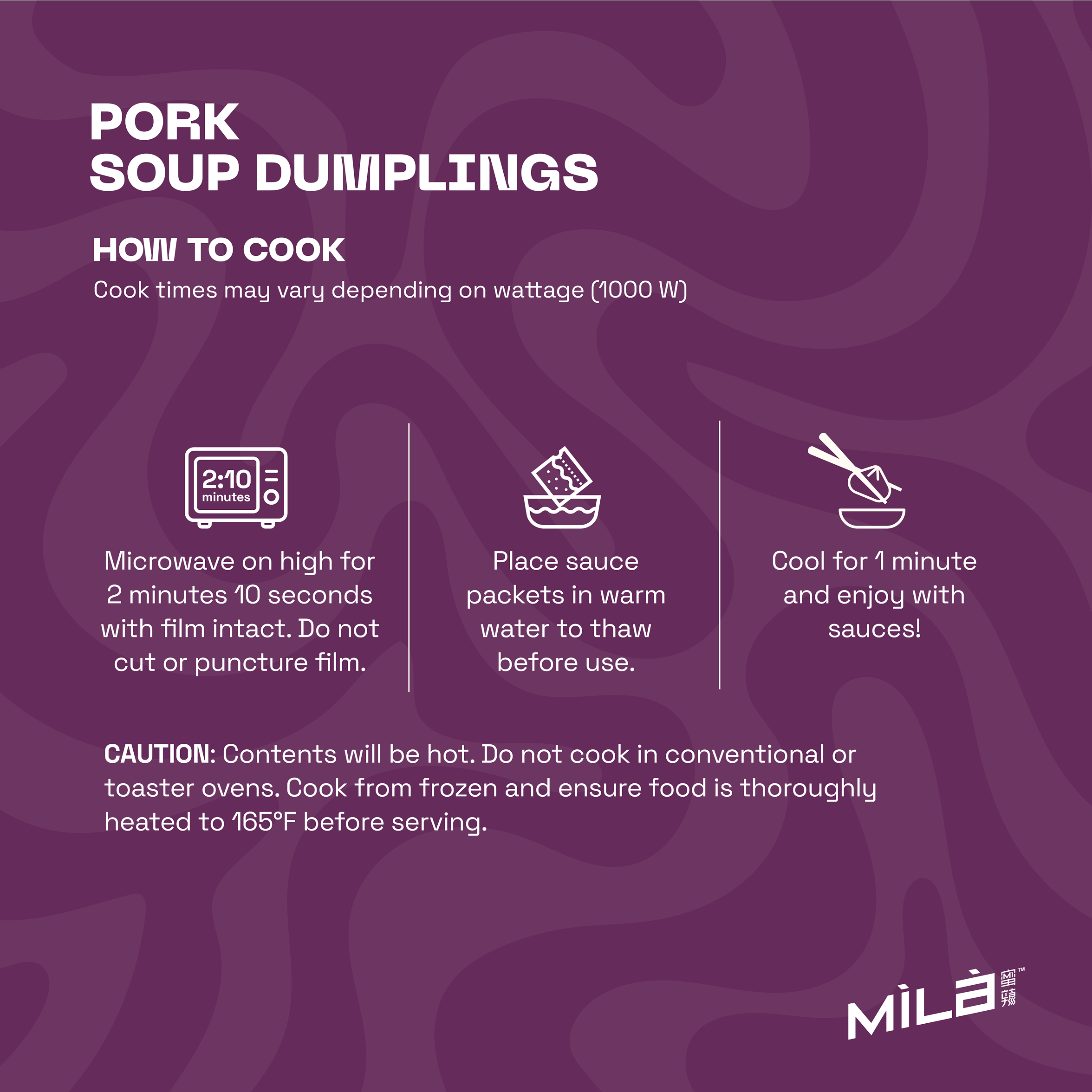 Cooking instructions infographic for pork soup dumplings: microwave 2 minutes 10 seconds, thaw sauces, cool 1 minute