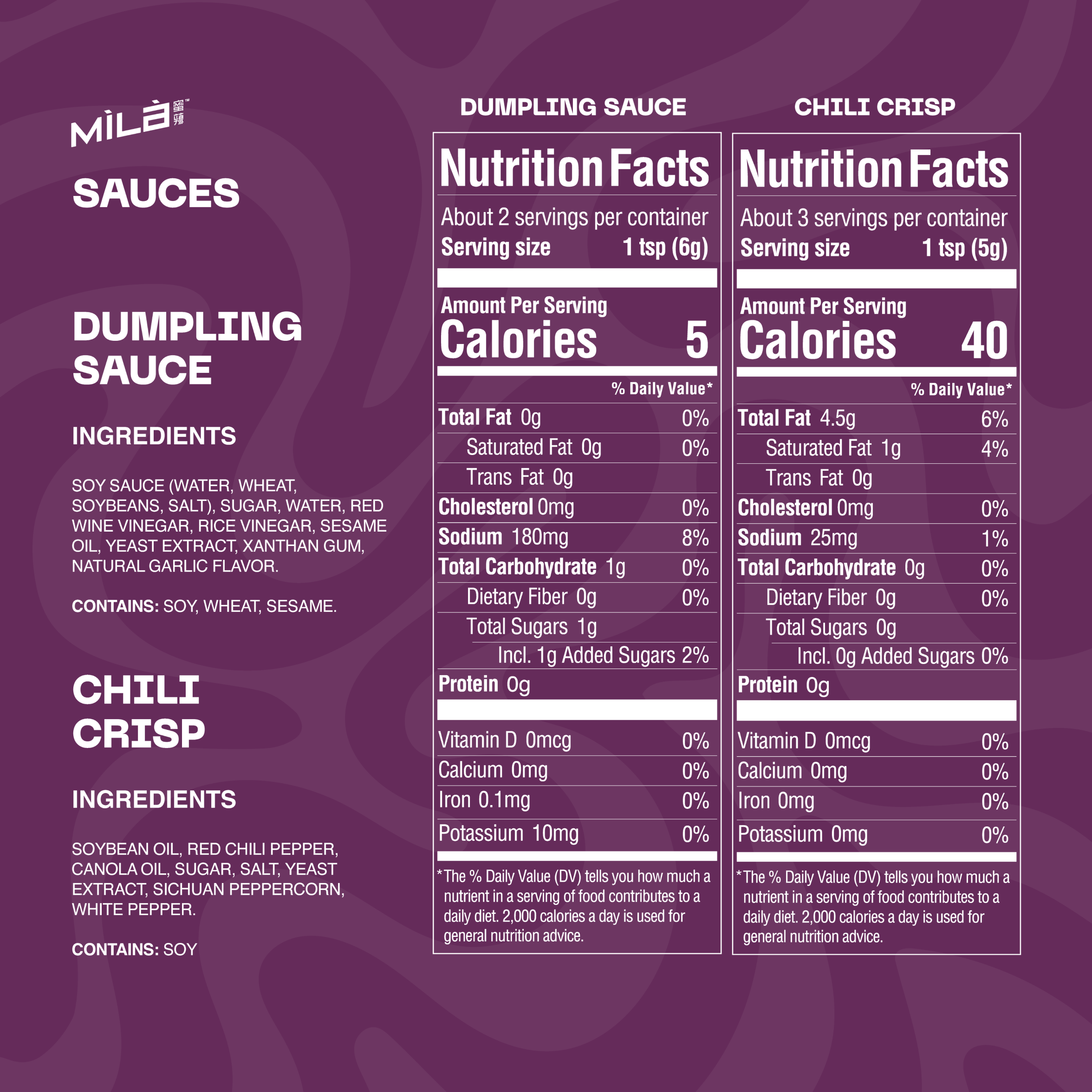 Nutrition facts infographic showing ingredients and nutrition for dumpling sauce and chili crisp