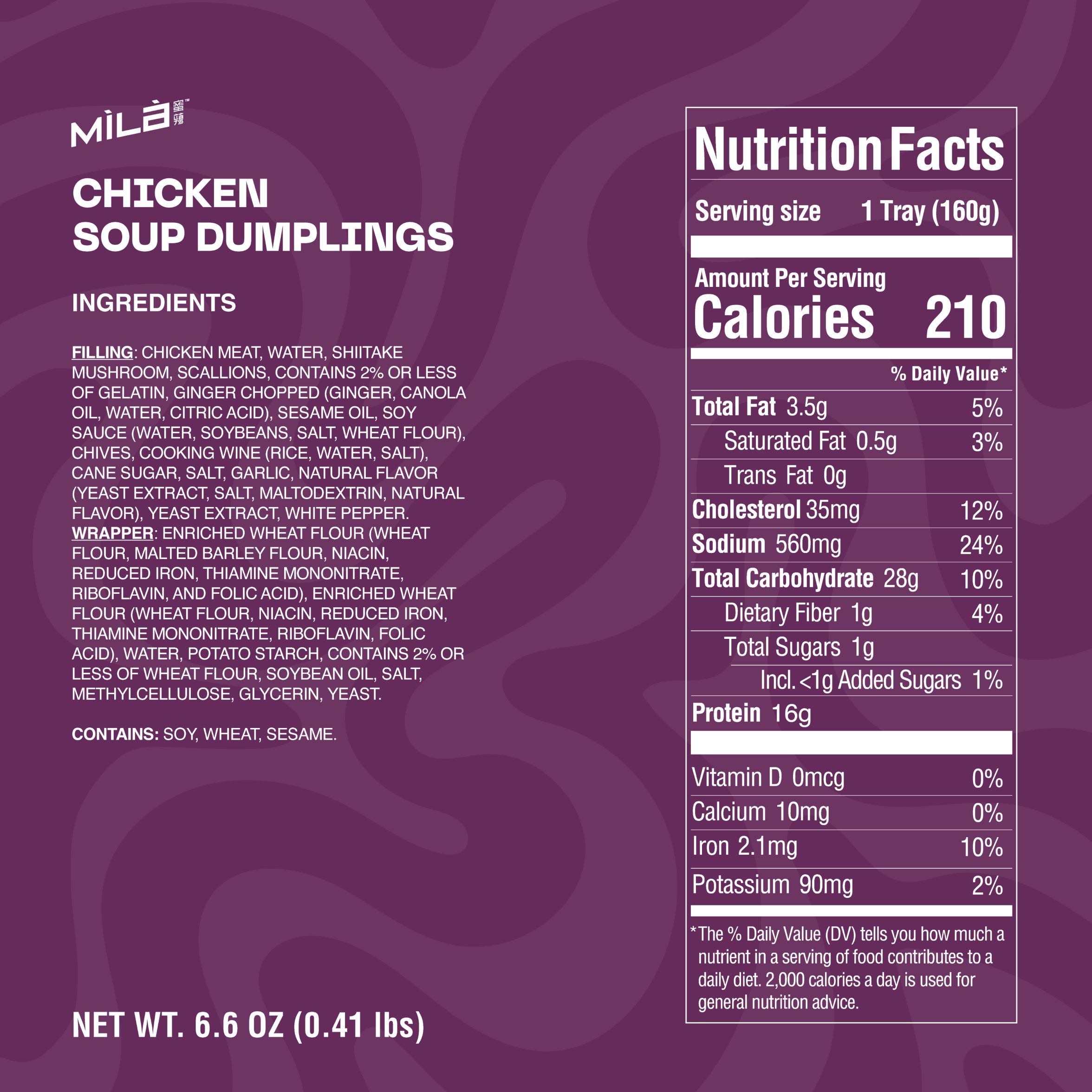 Chicken soup dumplings label showing 210 calories and 16 grams protein per tray