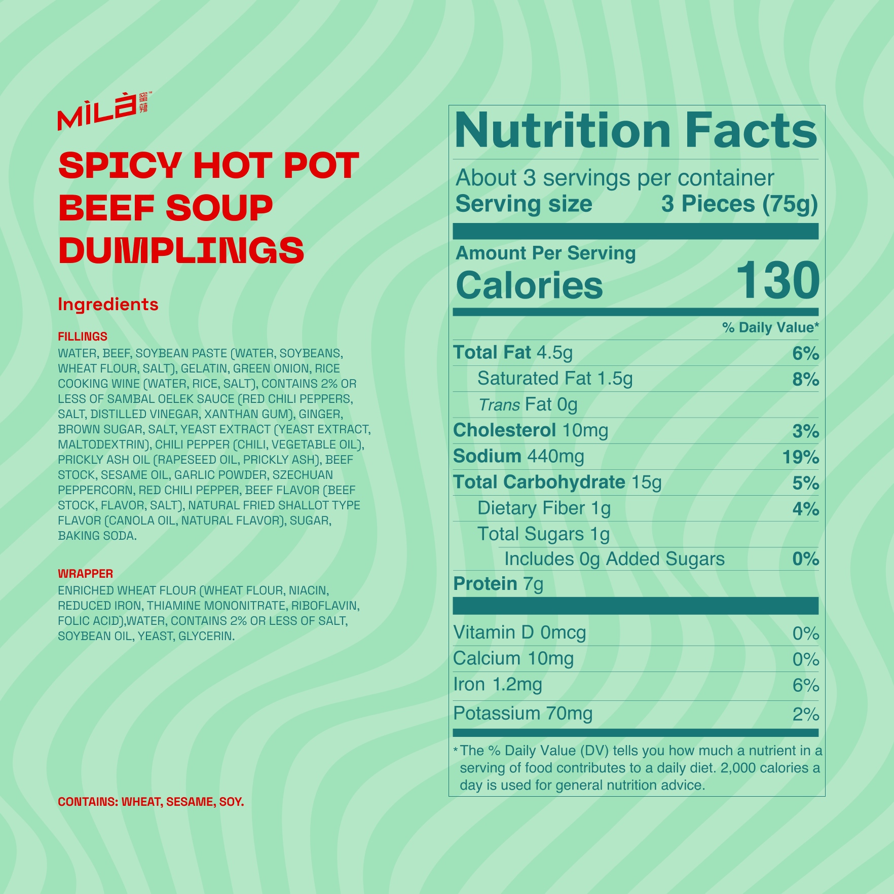Nutrition label showing Spicy Hot Pot Beef Soup Dumplings, serving size 3 pieces (75 g) and 130 calories per serving