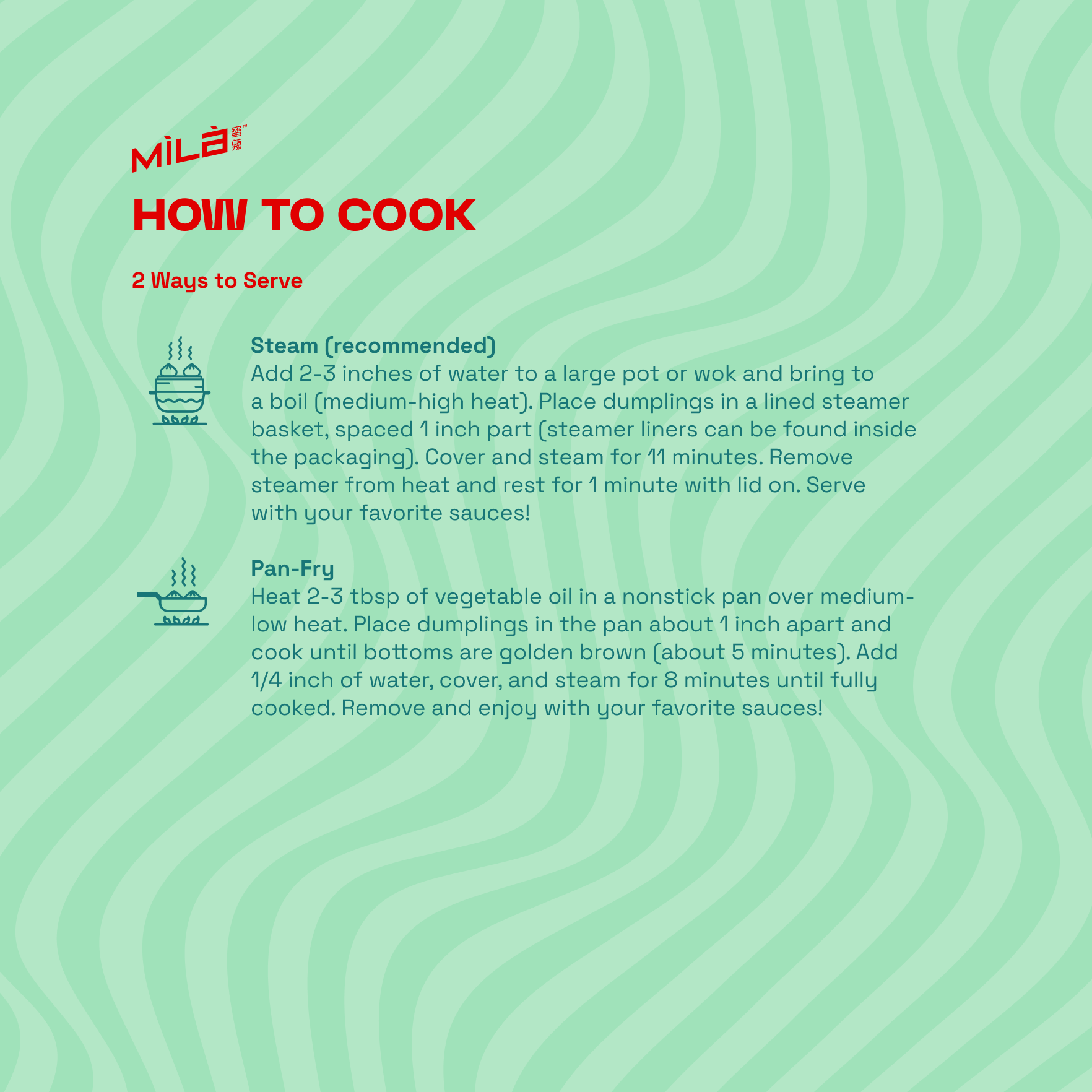 Instruction graphic showing HOW TO COOK with two methods, steam (recommended) and pan-fry, for Spicy Hot Pot Beef dumplings