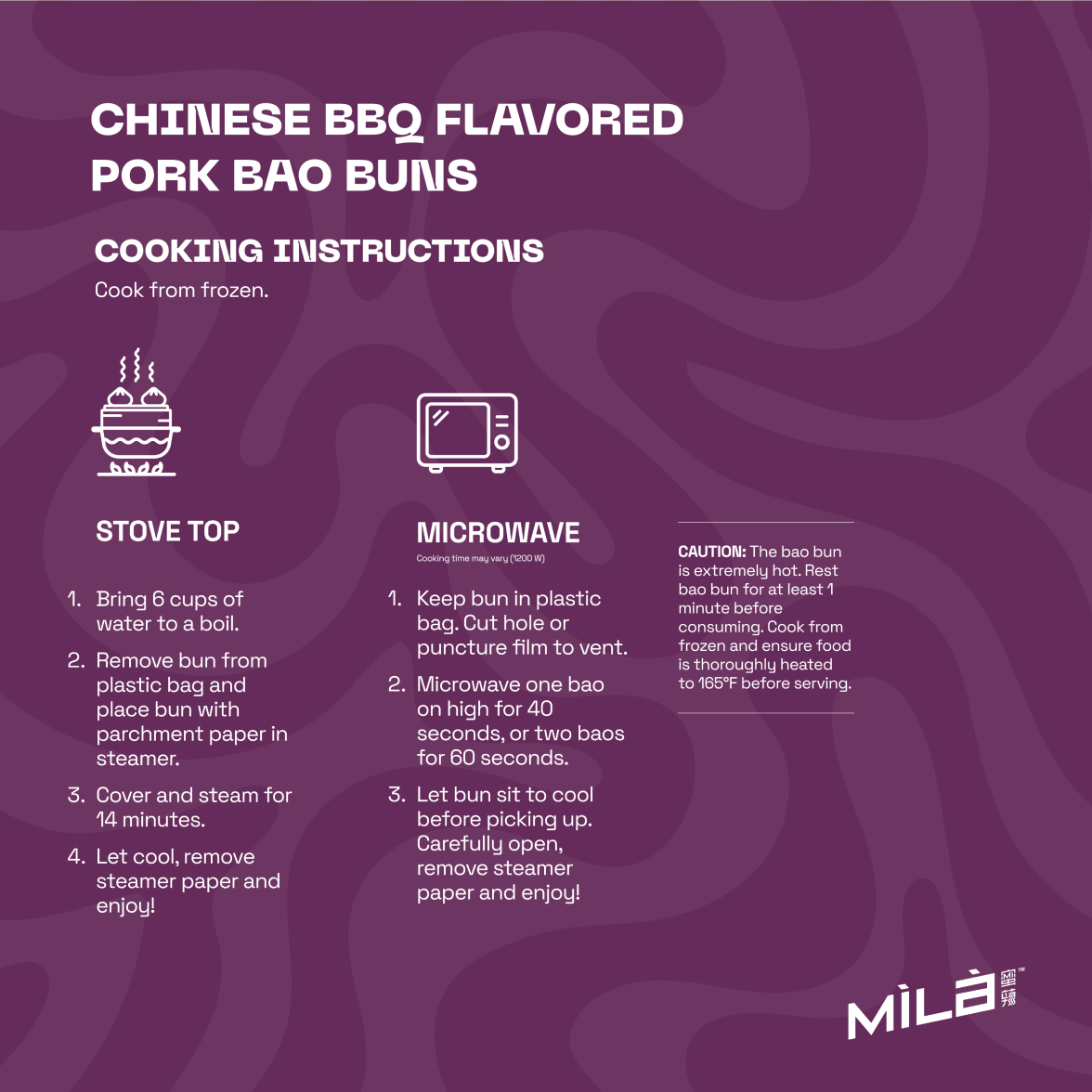 Instruction panel showing cooking instructions for frozen Chinese BBQ flavored pork bao buns with stovetop steaming steps, microwave times, and a safety caution