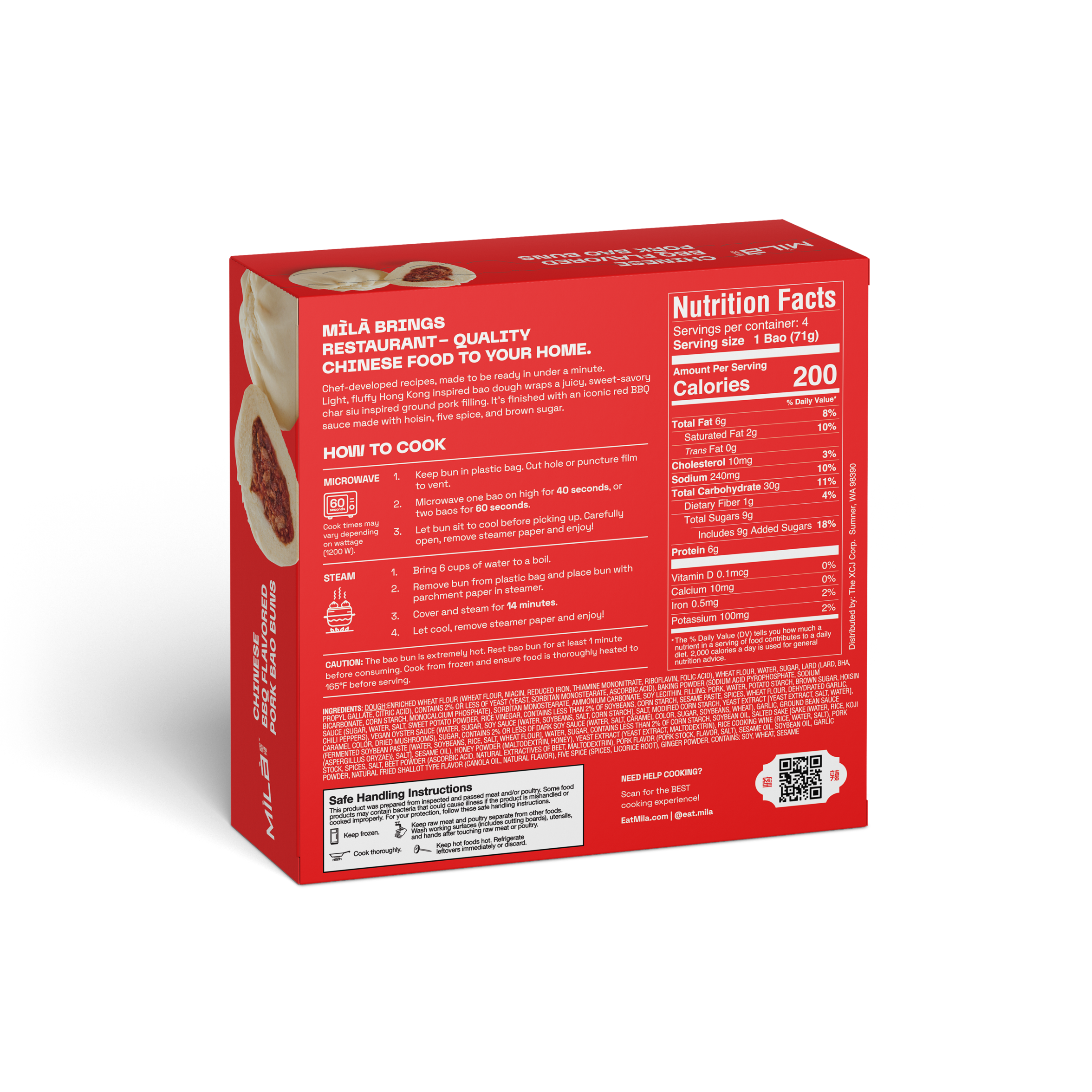 Food package back showing microwave and steaming instructions, nutrition facts, ingredients, and safe handling guidance