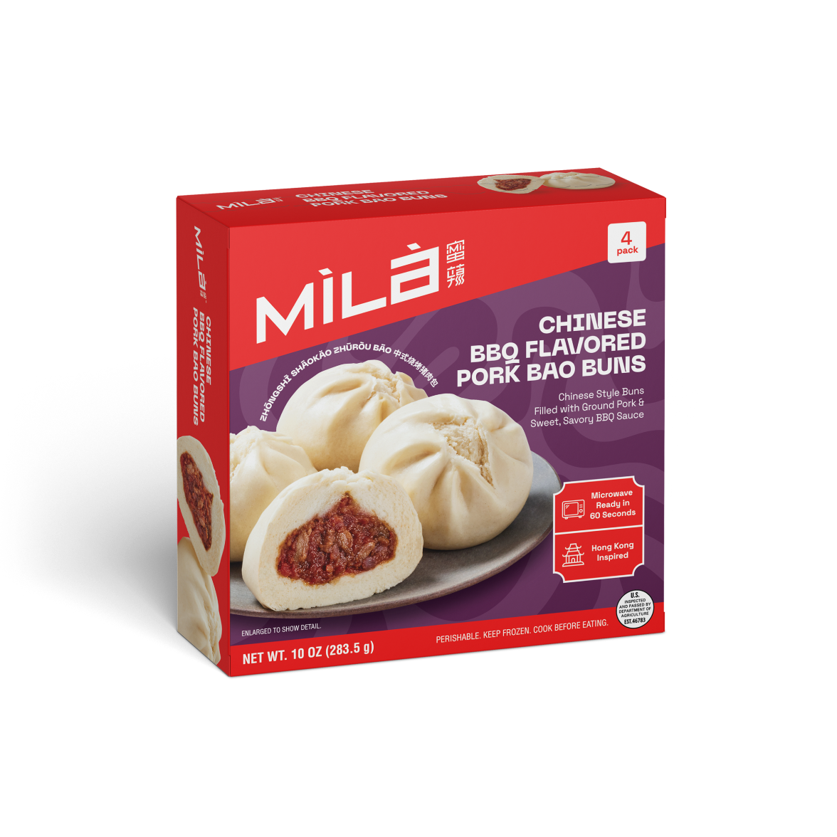 Three-quarter view of bao buns box showing cut-open bun, 4-pack badge, microwave-ready icon and net wt 10 oz on white background