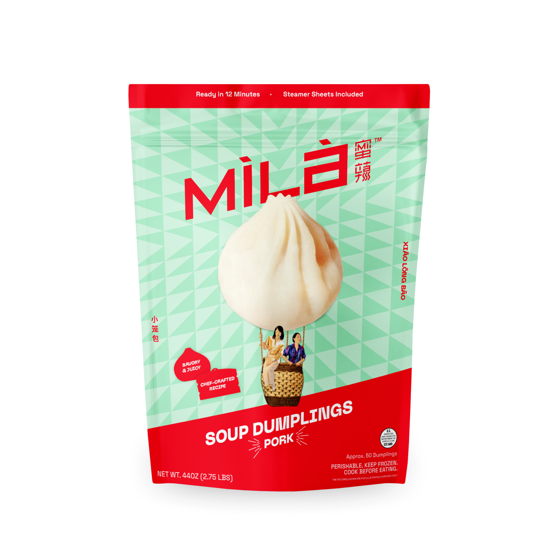 Front view of MìLà pork soup dumplings package showcasing a large dumpling, ready in 12 minutes with steamer sheets included