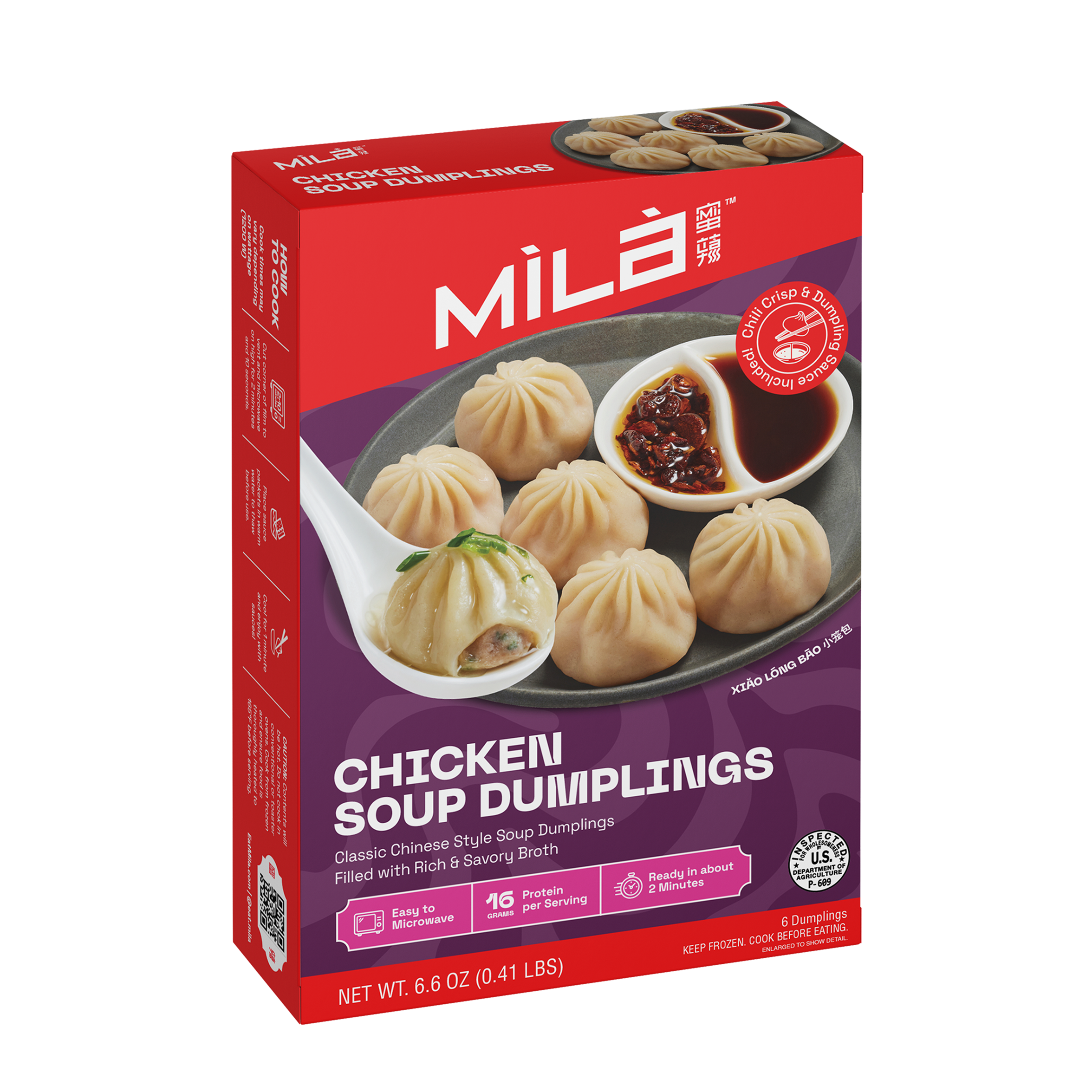 Angled view of MìLà Microwave Chicken Soup Dumplings package showcasing six dumplings and dipping sauce