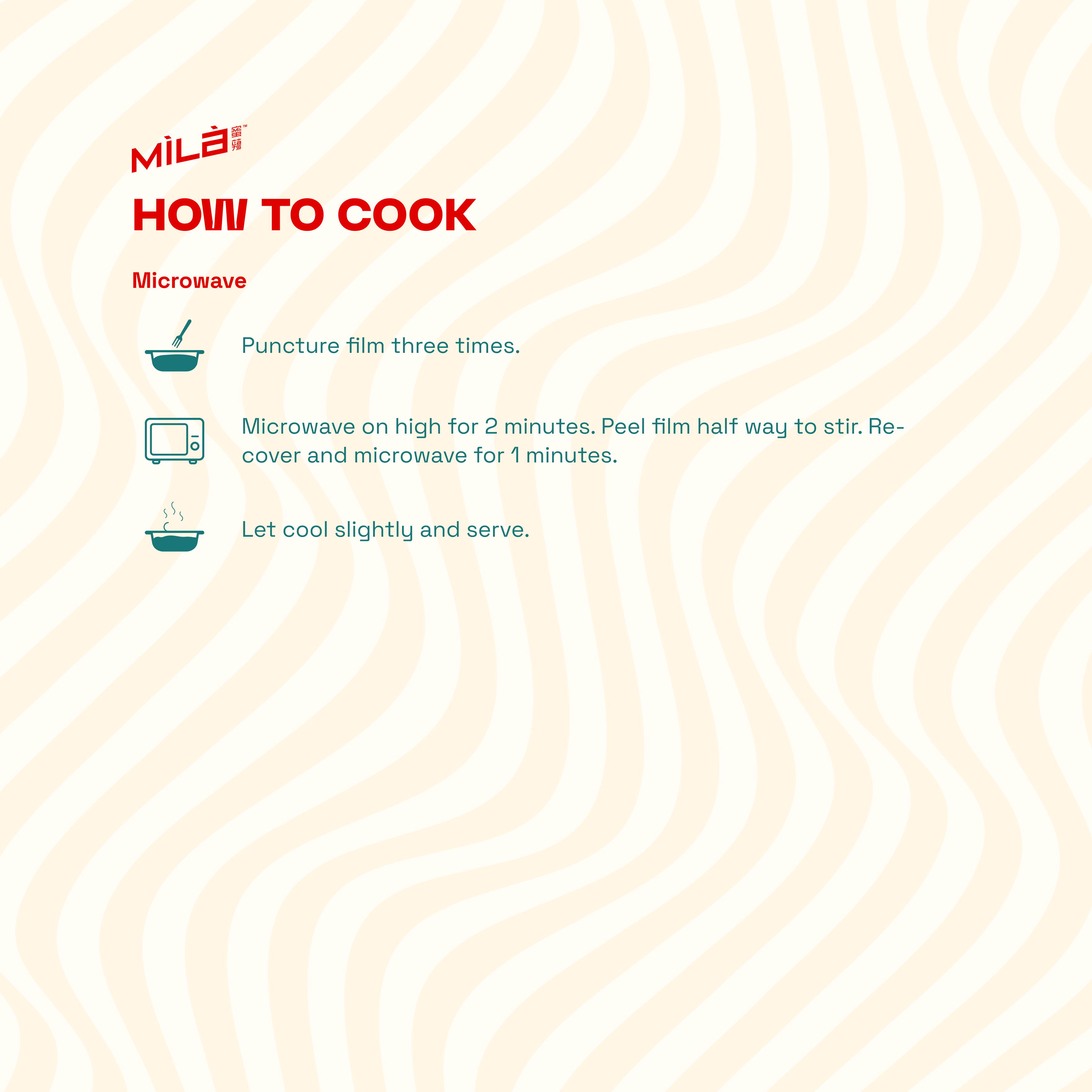 Instruction banner showing How to cook, microwave steps: puncture film 3 times; microwave 2 min, stir, 1 min, let cool