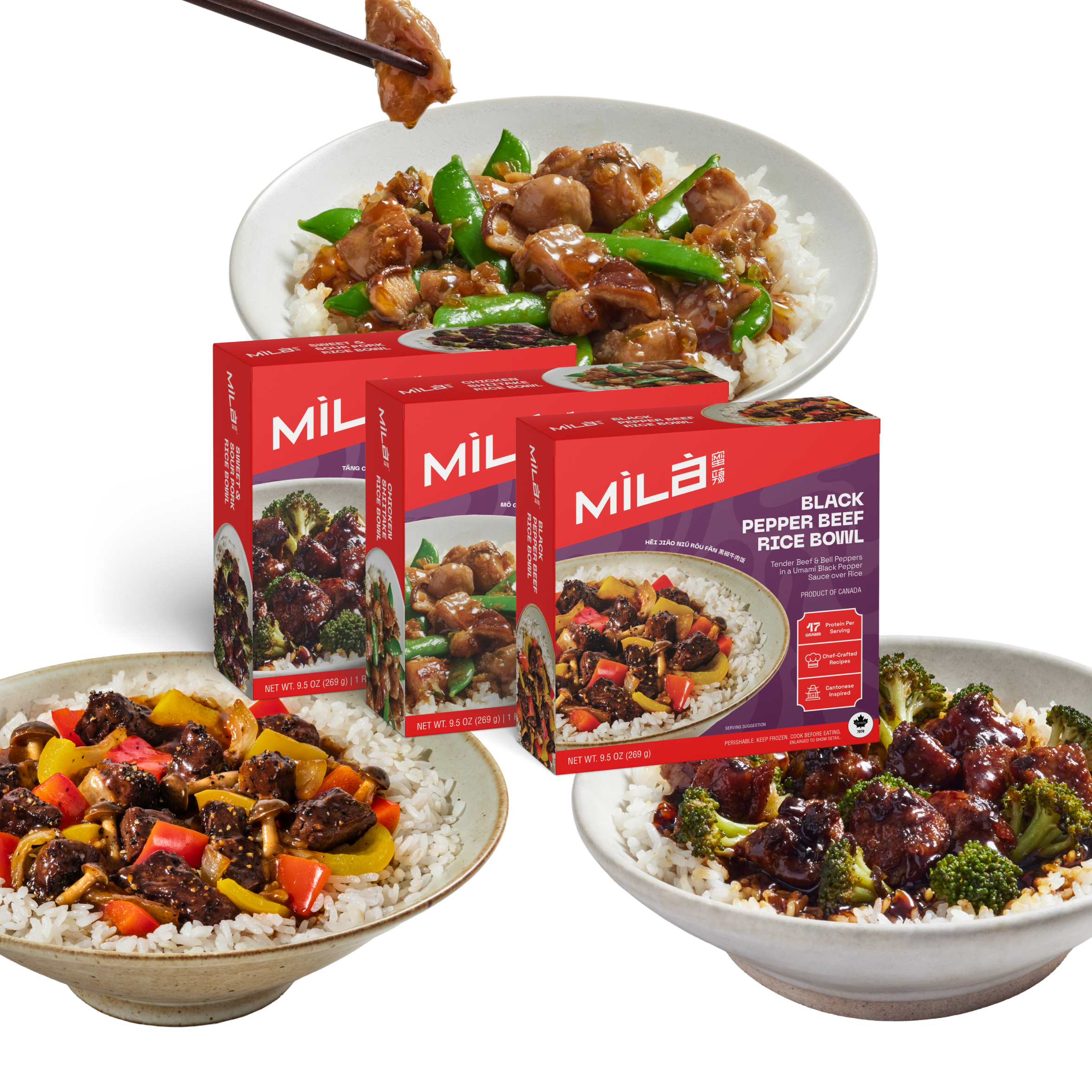 Angled front view of Rice Bowl Variety Pack showing three MìLà boxes and three plated rice bowls with beef, chicken, and pork