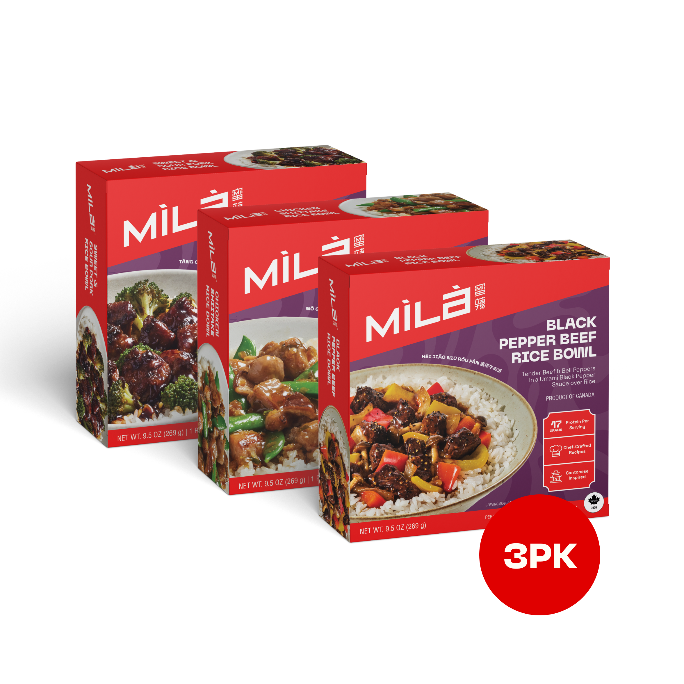 Angled view of three Mila Rice Bowl Variety Pack boxes showing package artwork, plated bowls, and a red 3PK badge