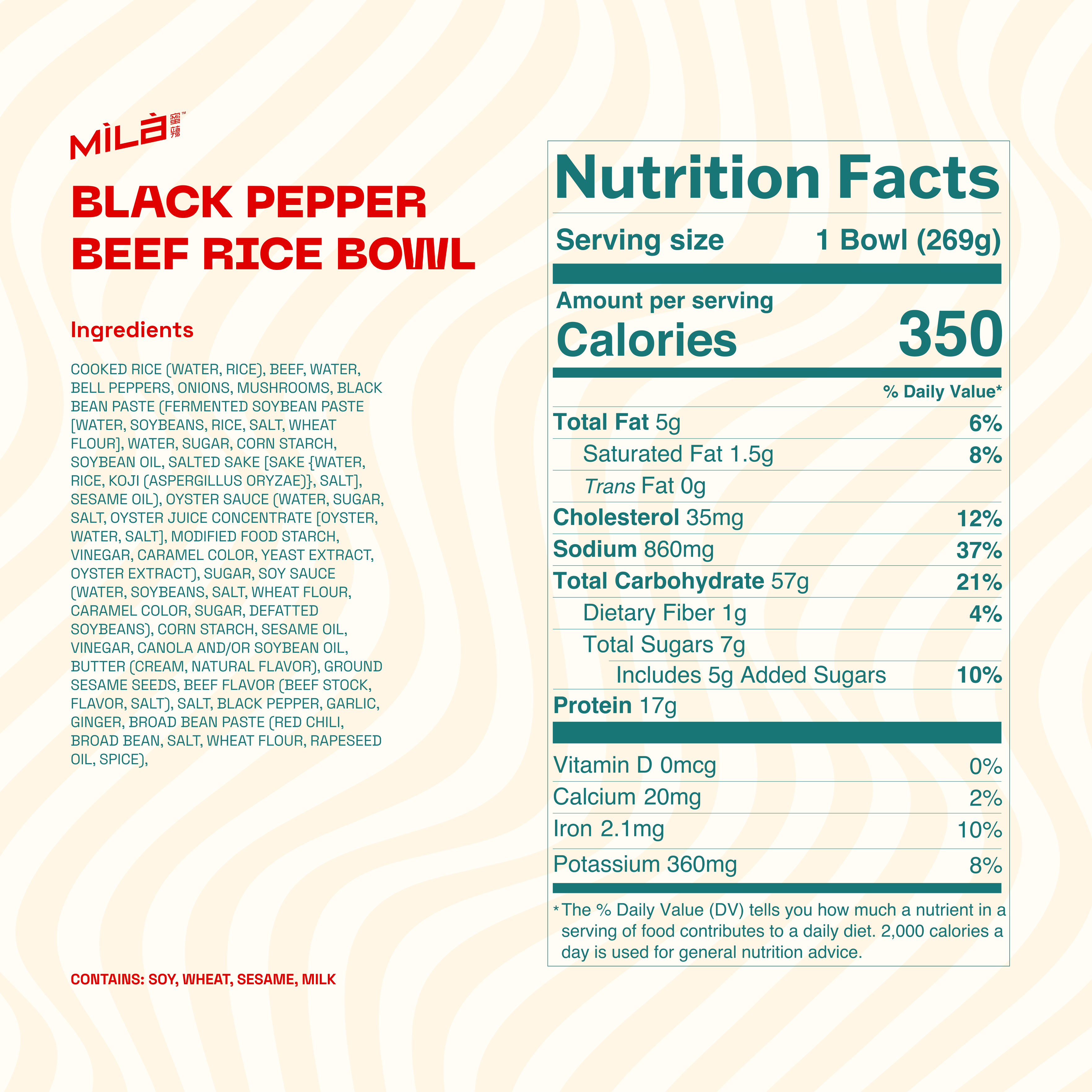 Nutrition facts panel for Black Pepper Beef Rice Bowl showing 350 calories per 1 bowl (269g) and key nutrients