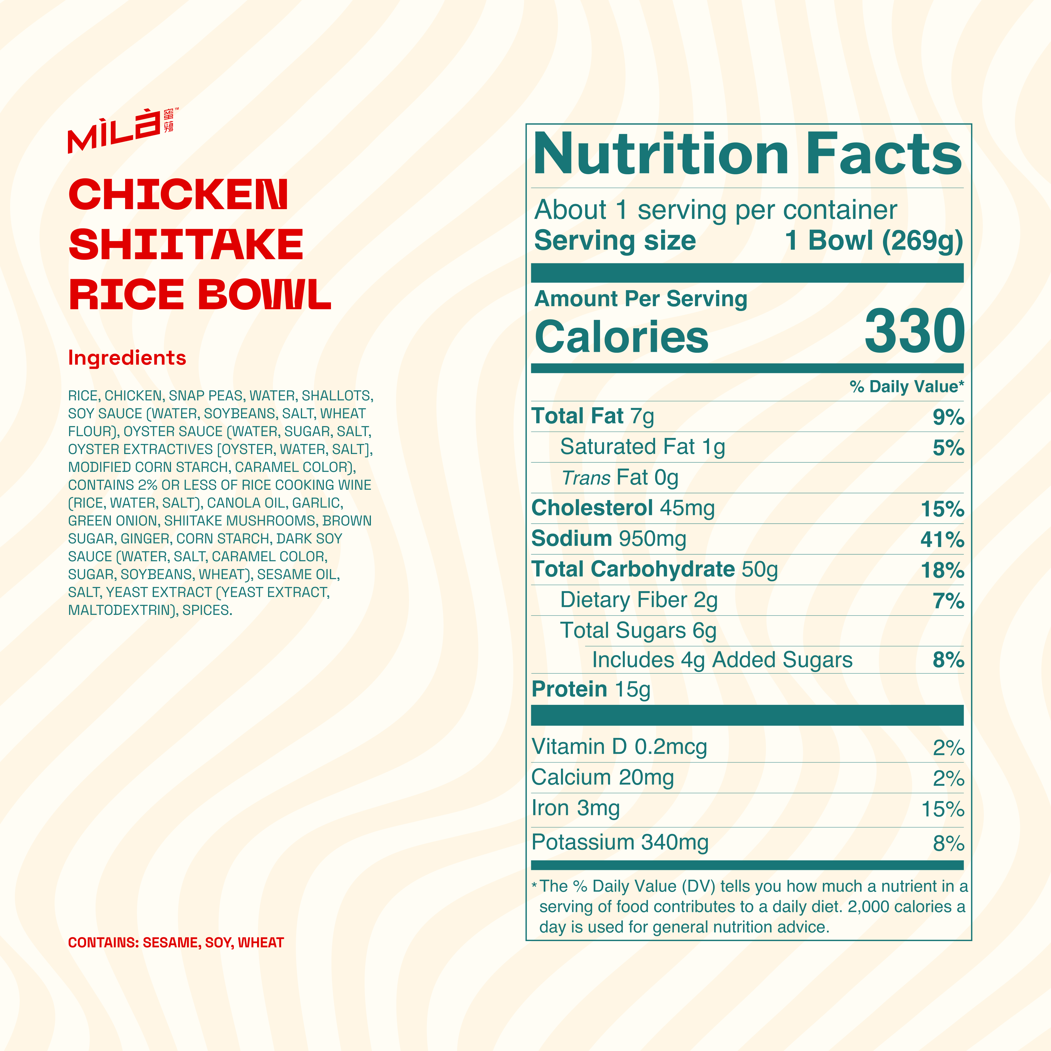 Nutrition label showing Chicken Shiitake Rice Bowl title and 330 calories per serving (1 bowl, 269g)