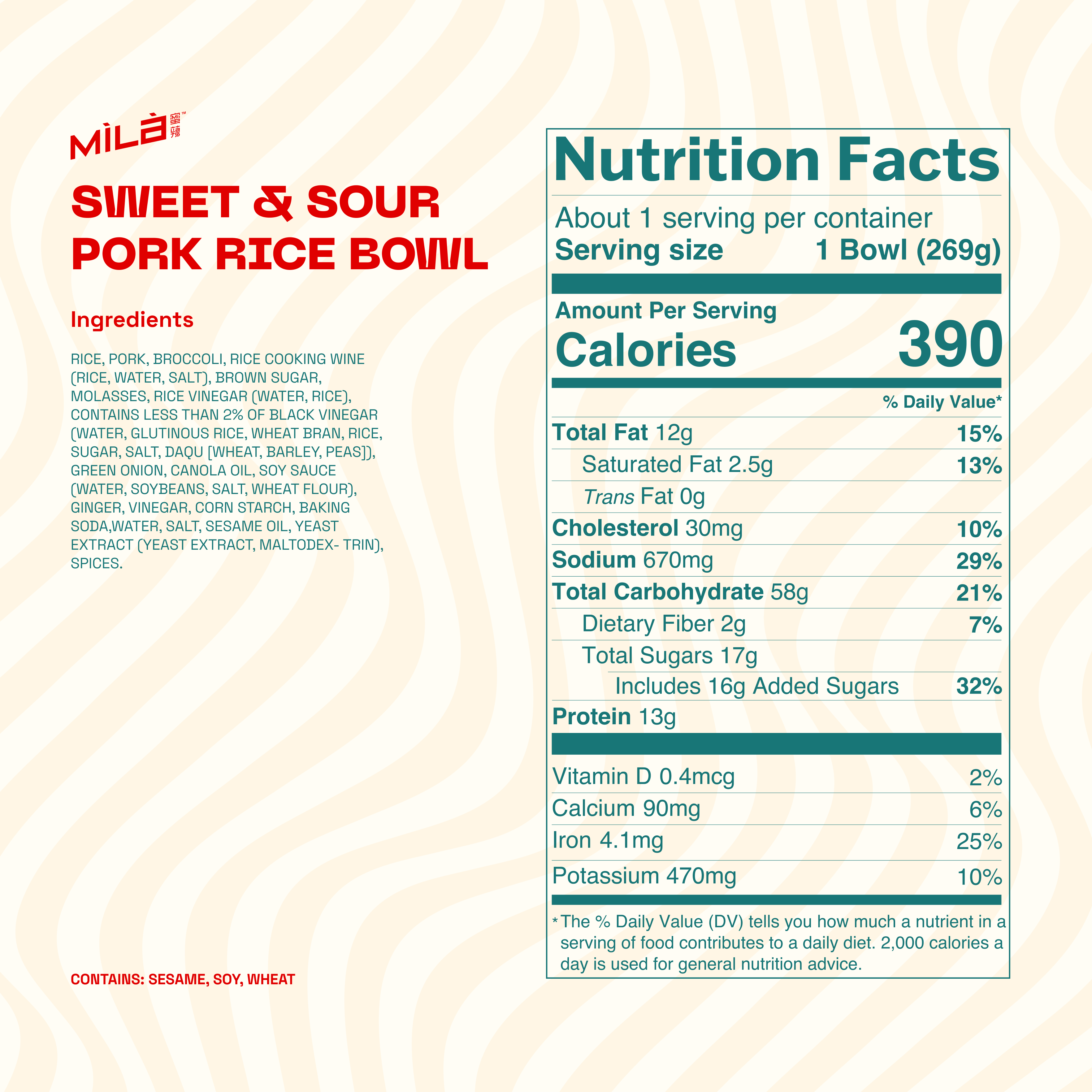 Nutrition facts panel for Sweet & Sour Pork Rice Bowl showing serving size 1 Bowl (269g) and 390 calories