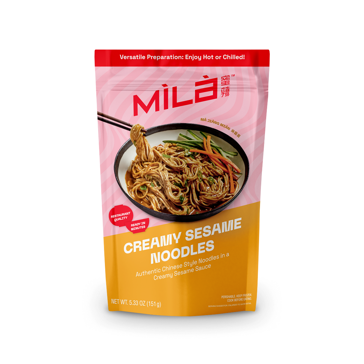 Front view of Creamy Sesame Noodles bag showcasing bowl photo, pink and orange packaging, and net weight 5.33 oz