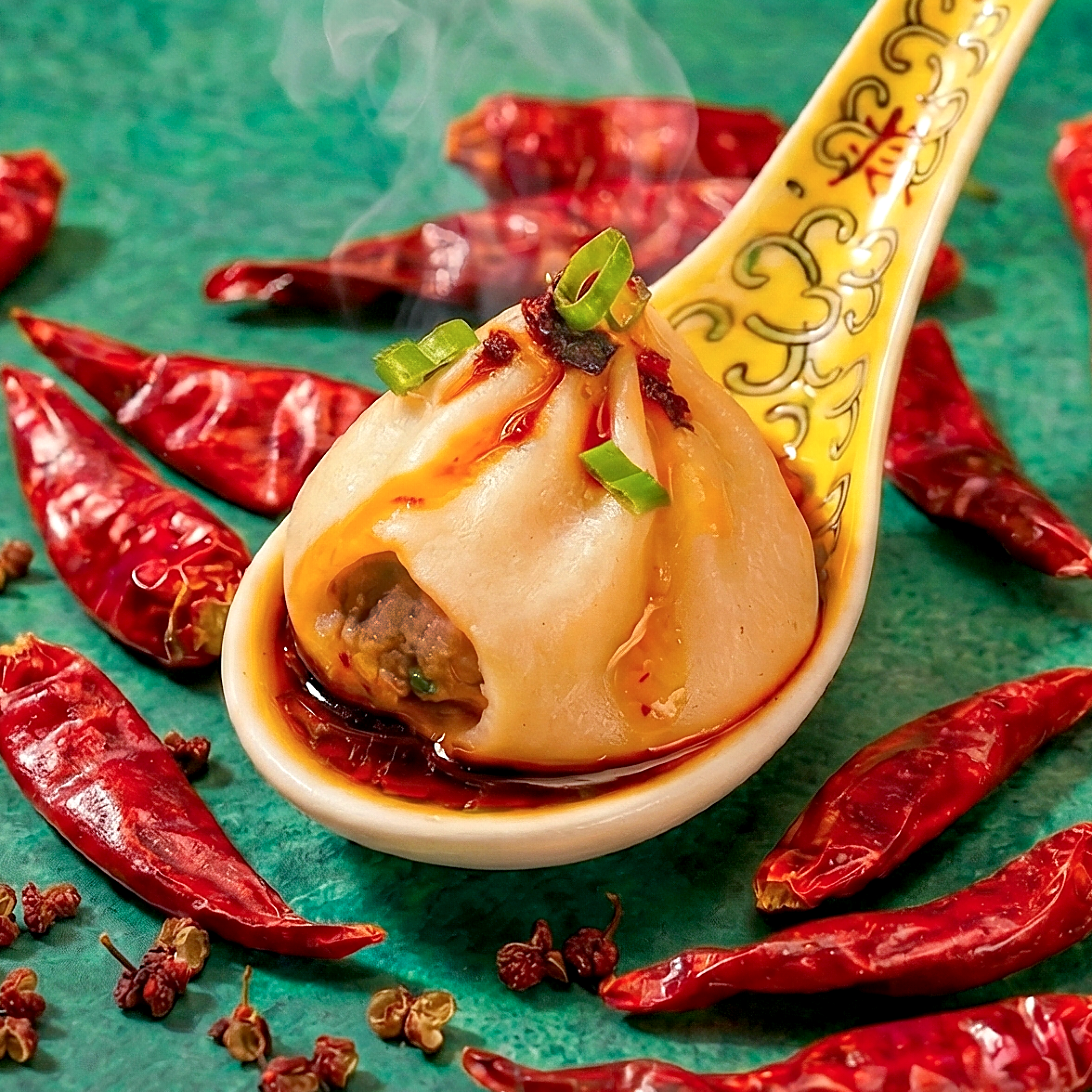 Close-up of Spicy Hot Pot Beef soup dumpling on a ceramic spoon showing chili oil, scallions, and steam with dried chilies background
