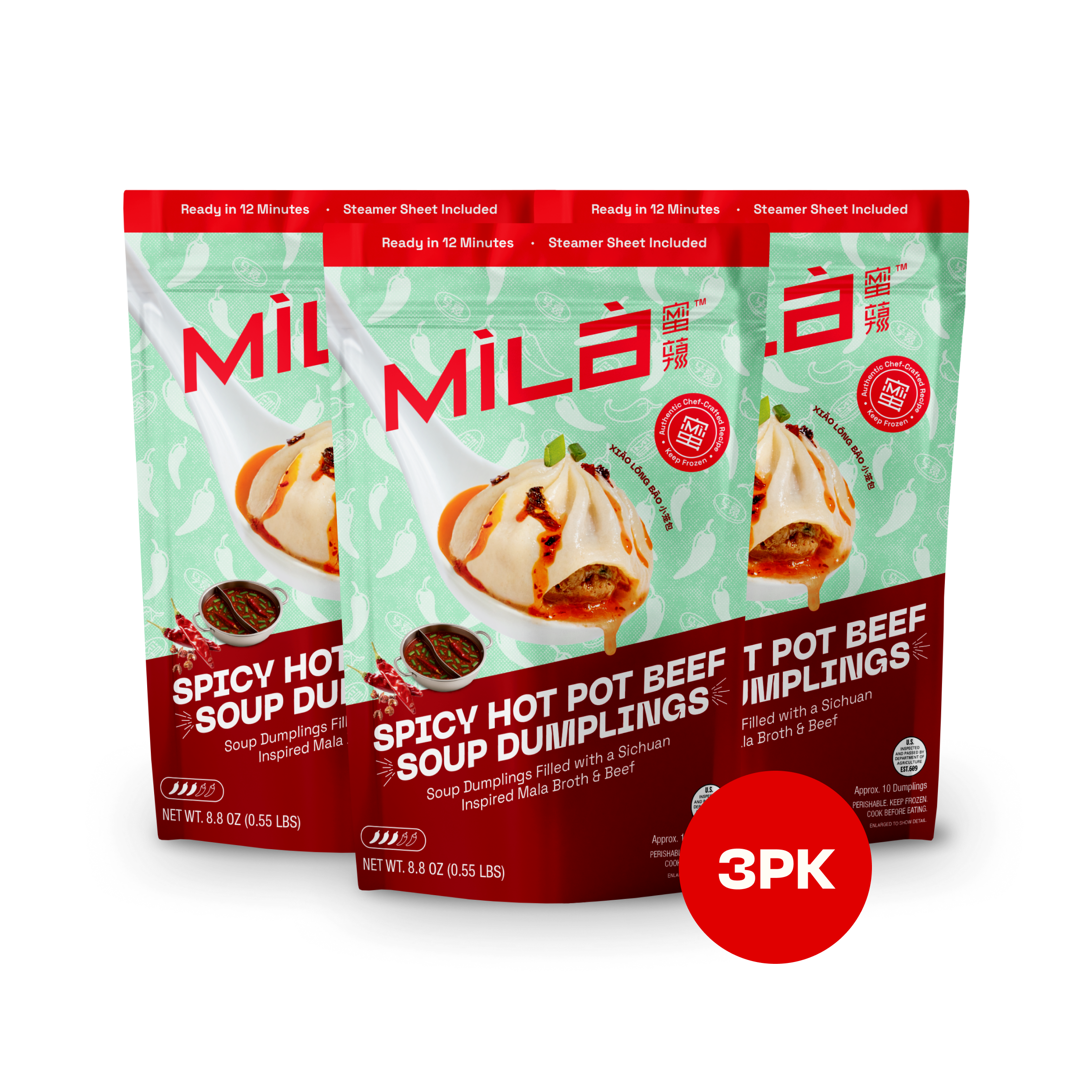 Front view of a three pack of Spicy Hot Pot Beef Soup Dumplings with dumpling and chili sauce labeled ready in 12 minutes